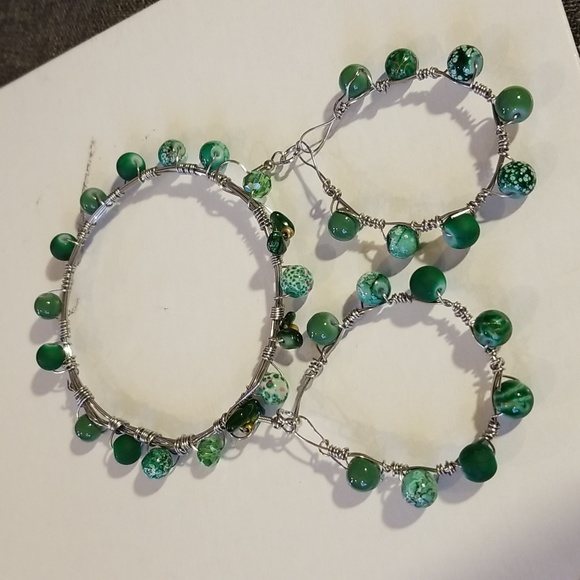Boho Faux Jade Stone Chunky Bangle Earring Bracelet  Set - Picture 12 of 16